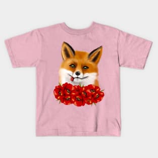 Cute face of a fox with red poppies. Kids T-Shirt